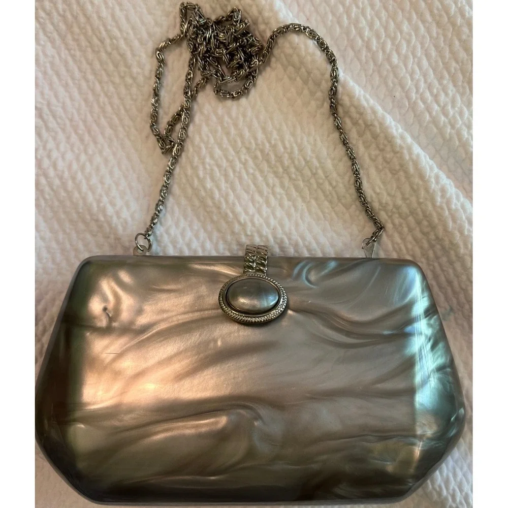 Vintage Silver Marbled Acrylic Hard Shell Evening  Bag w/Chain Strap Crossbody